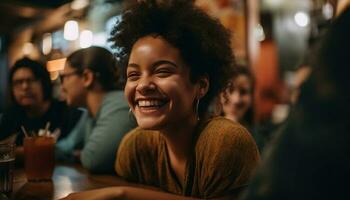 souriant Jeune adultes prendre plaisir vie nocturne à bar généré par ai photo