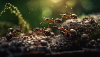 Feu fourmis travail ensemble sur vert feuille généré par ai photo