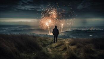 un la personne debout, saluer brillant feu d'artifice afficher généré par ai photo