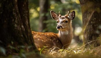 Pointé biche pâturage dans tranquille forêt Prairie généré par ai photo