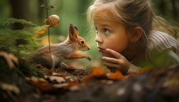 petit enfant en portant duveteux lapin dans l'automne forêt généré par ai photo