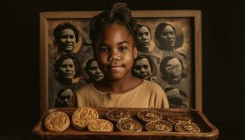 souriant africain fille en portant fait maison Chocolat biscuit généré par ai photo