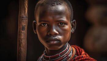 souriant africain garçon dans traditionnel Vêtements en plein air généré par ai photo