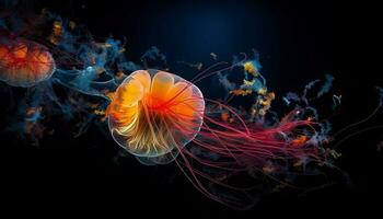embrasé méduse nage dans Profond bleu mer généré par ai photo