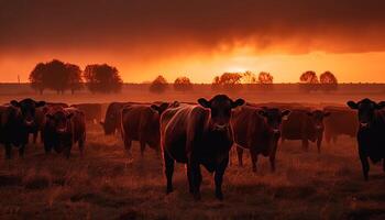 bétail pâturage dans vert Prairie à le coucher du soleil généré par ai photo