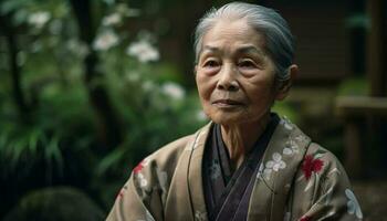 souriant Sénior femme dans traditionnel chinois Vêtements généré par ai photo