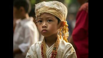 souriant les enfants dans traditionnel Vêtements célébrer Festival généré par ai photo