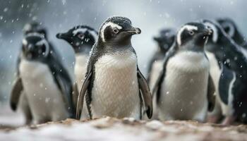 gentoo pingouins se dandiner dans une neigeux colonie généré par ai photo