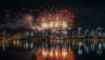 illuminé ville horizon explose avec vibrant feux d'artifice généré par ai photo