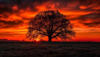 silhouette de arbre retour allumé par le coucher du soleil généré par ai photo