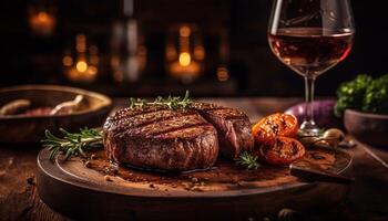 grillé aloyau steak sur rustique bois table généré par ai photo