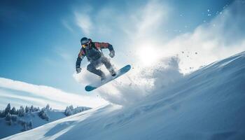 Hommes snowboard milieu air, en volant plus de Montagne de pointe généré par ai photo