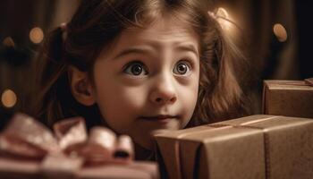 mignonne caucasien fille en portant Noël cadeau boîte, souriant généré par ai photo