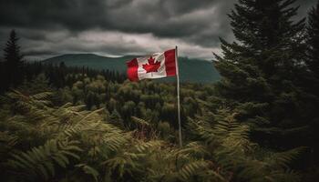 canadien drapeau vagues fièrement dans majestueux forêt généré par ai photo