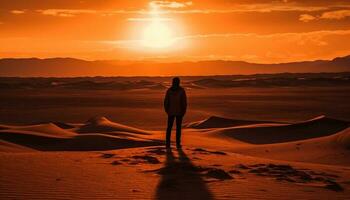 silhouette de un la personne en marchant sur le sable dune généré par ai photo