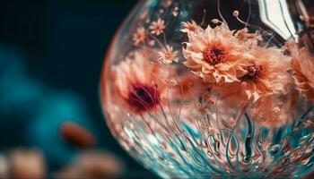 Jaune fleur tête brille dans transparent vase généré par ai photo