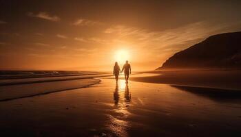 Jeune couple embrasse à le coucher du soleil sur plage généré par ai photo