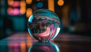 illuminé verre sphère reflète brillant boîte de nuit Contexte généré par ai photo