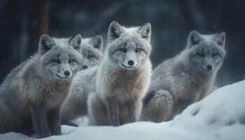 Arctique Loup pack pose pour neigeux portrait généré par ai photo