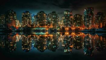 moderne ville horizon reflète dans front de mer à crépuscule généré par ai photo