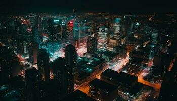illuminé grattes ciels lumière en haut le ville à nuit généré par ai photo
