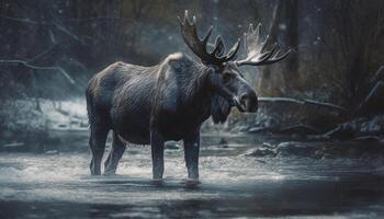 majestueux wapiti dans l'automne forêt, humide fourrure généré par ai photo