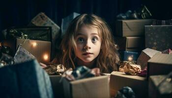 mignonne caucasien fille souriant en portant Noël cadeau boîte généré par ai photo