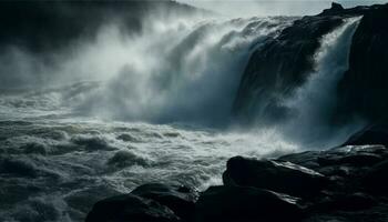 majestueux vague s'écraser sur rocheux littoral à crépuscule généré par ai photo