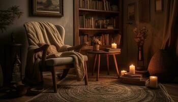 confortable vivant pièce avec rustique bois décor généré par ai photo