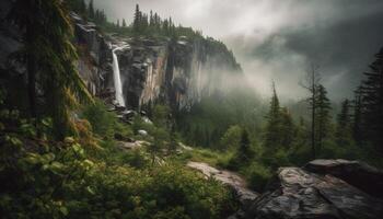 majestueux Montagne gamme, tranquille scène, écoulement l'eau génératif ai photo