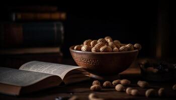 en bonne santé casse-croûte bol des noisettes, fruit, et Littérature génératif ai photo