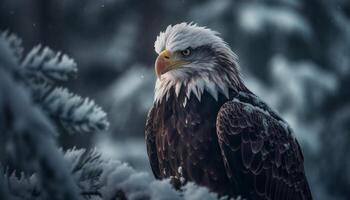 majestueux chauve Aigle se percher sur neigeux branche génératif ai photo