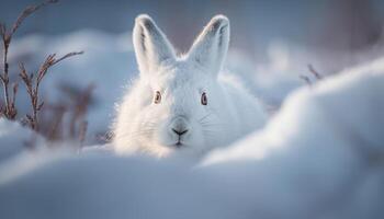 duveteux bébé lapin est assis dans hiver neige génératif ai photo