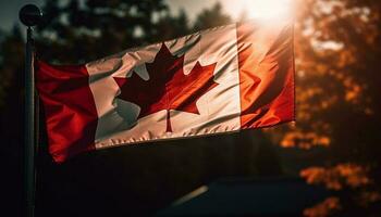 canadien drapeau vagues fièrement dans l'automne lumière du soleil génératif ai photo