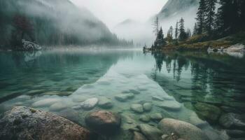majestueux Montagne de pointe reflète dans tranquille l'eau généré par ai photo