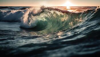 un la personne surfant dans le tropical le coucher du soleil généré par ai photo