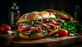 grillé du boeuf et porc pain ciabatta sandwich fraîcheur généré par ai photo