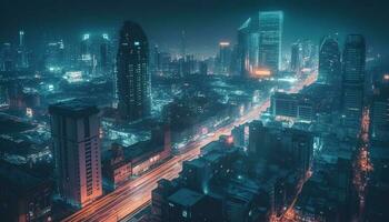 illuminé grattes ciels lumière en haut le ville à nuit généré par ai photo