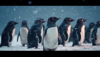 groupe de mignonne pingouins se dandiner sur la glace banquise généré par ai photo