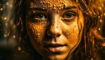 Jeune femme souriant dans goutte de pluie beauté généré par ai photo