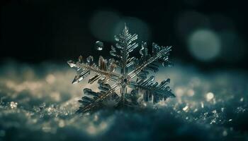 brillant flocon de neige décoration sur glacial hiver arbre généré par ai photo