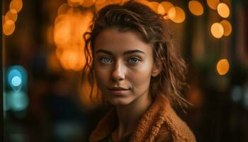 magnifique Jeune femme souriant à la recherche à caméra généré par ai photo