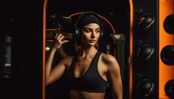 Jeune femme exercice avec écouteurs dans Gym généré par ai photo