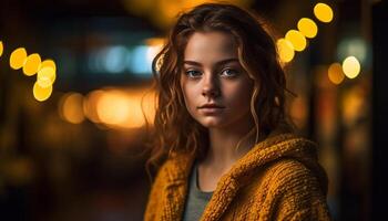 Jeune femme souriant à la recherche à caméra en plein air généré par ai photo