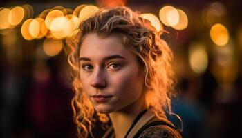 Jeune femme souriant à la recherche à caméra en plein air généré par ai photo