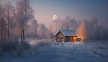 mystère dans le neigeux forêt en dessous de clair de lune généré par ai photo