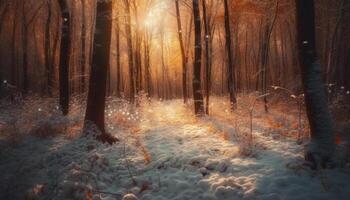 ensoleillé pin arbre des stands grand dans hiver forêt généré par ai photo