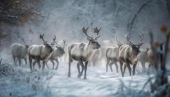 troupeau de cornu cerf permanent dans neige généré par ai photo