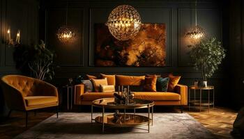 luxe moderne vivant pièce illuminé par lustre généré par ai photo