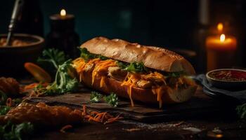 grillé du boeuf sandwich sur pain ciabatta avec frites généré par ai photo